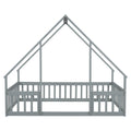 Full Wood House Shaped Floor Bed With Fence, Guardrails,Grey Full Grey American Design Pine