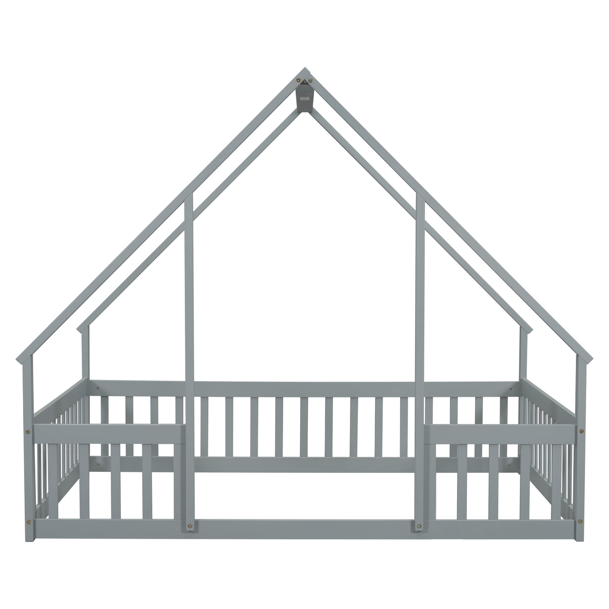 Full Wood House Shaped Floor Bed With Fence, Guardrails,Grey Full Grey American Design Pine