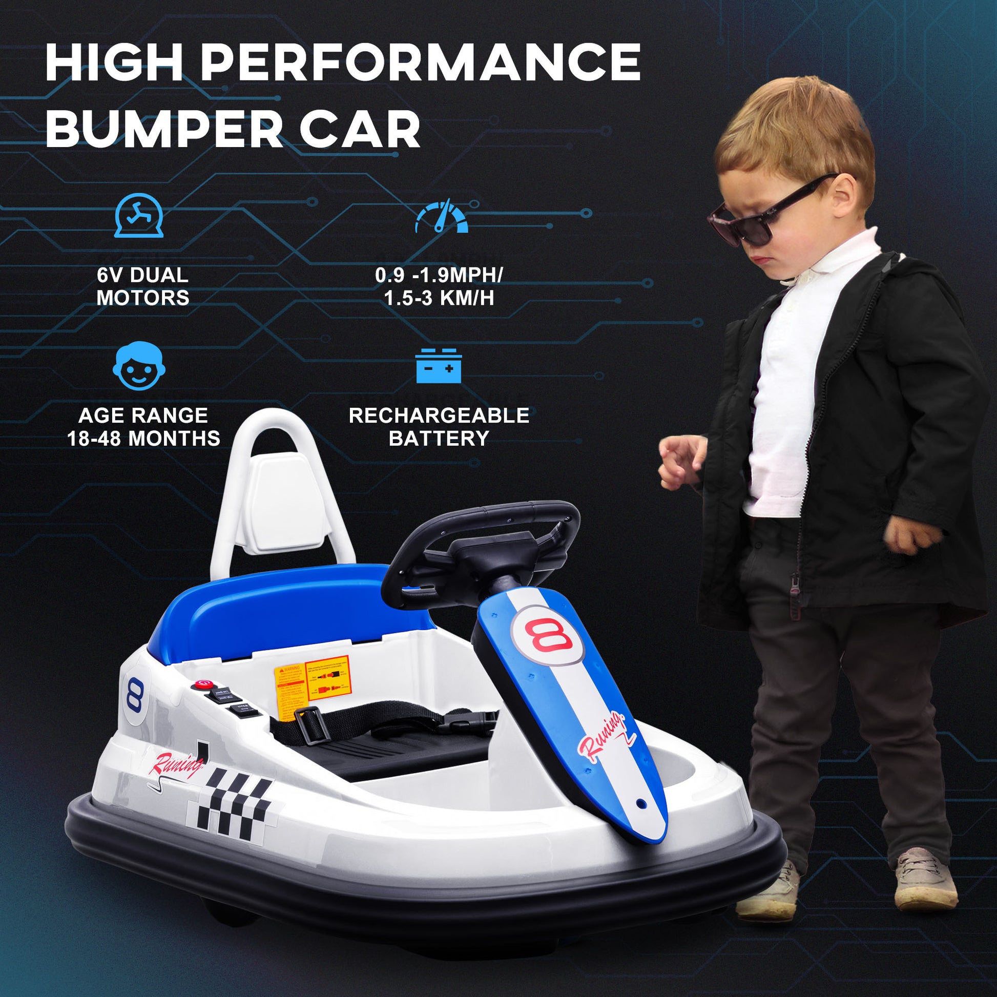 Aosom Toddler Bumper Car, 360 Rotation 6V Kids Electric Ride On Bumper Car With Eva Bumper Edges, Twins Motor, Songs, Horn, Led Lights, Safety Belt For 18 48 Months, White White Iron Plastic