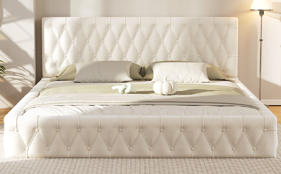 Queen Size Upholstered Bed With Tufted Headboard, Modern Velvet Platform Bedno Box Spring Required, White Queen White Solid Wood Mdf