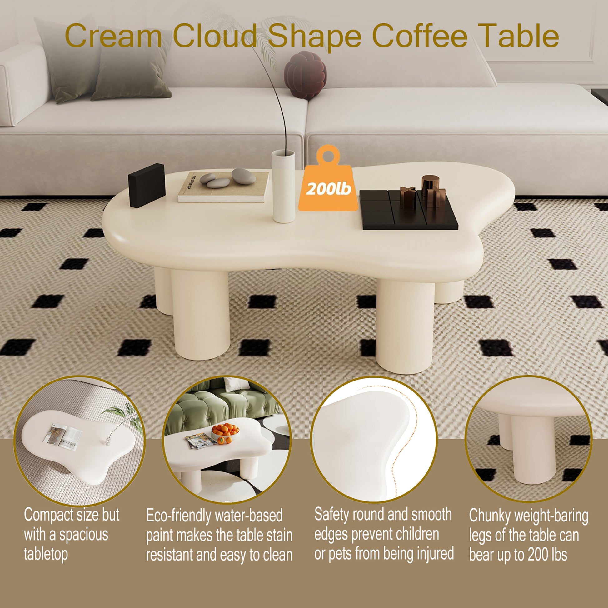 47 Inch Cloud Shaped Coffee Table For Living Room, Beige Beige Primary Living Space Modern Lacquered Mdf