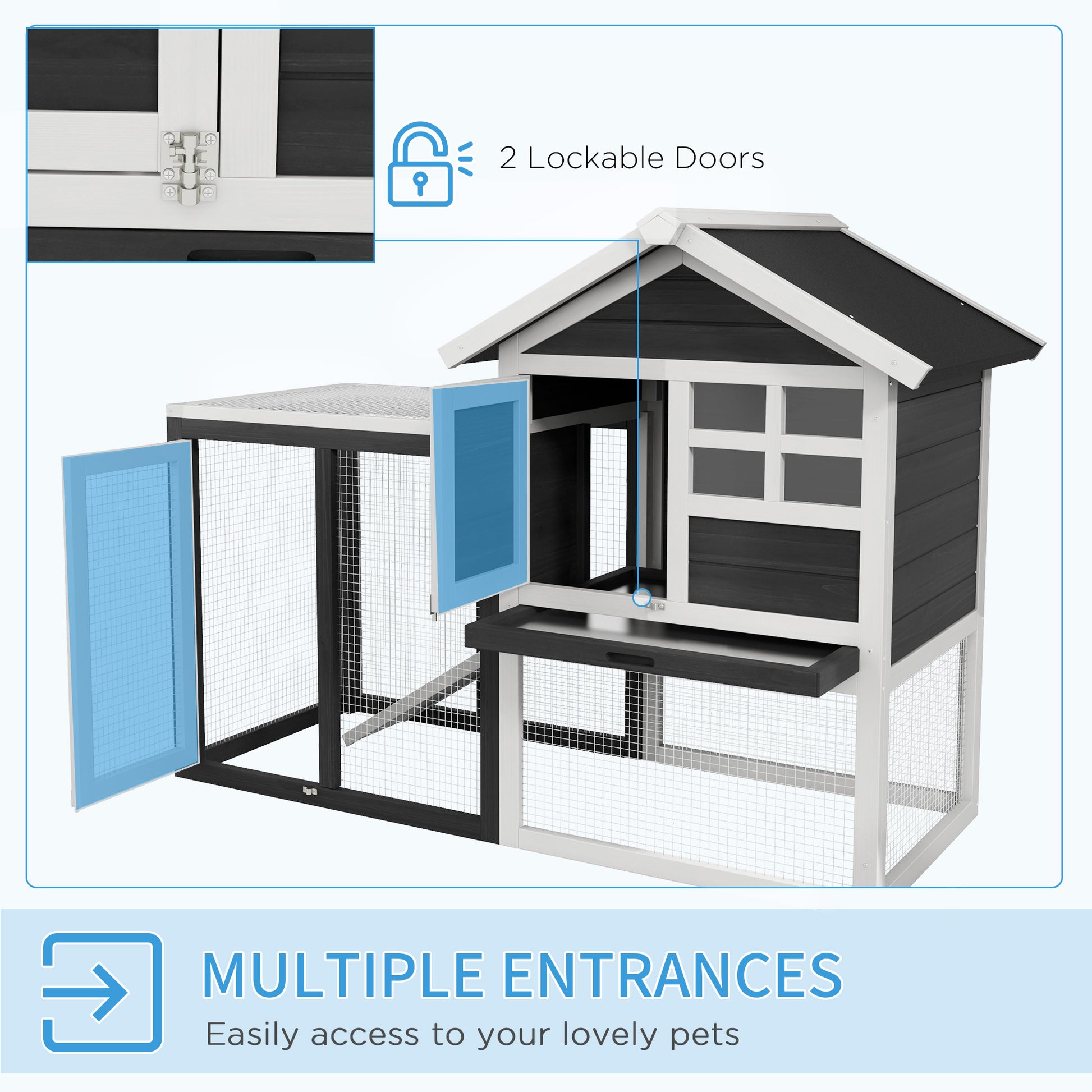 Pawhut 48" Wooden Rabbit Hutch Bunny Cage With Waterproof Asphalt Roof, Fun Outdoor Run, Removable Tray And Ramp, Grey Grey White Wood