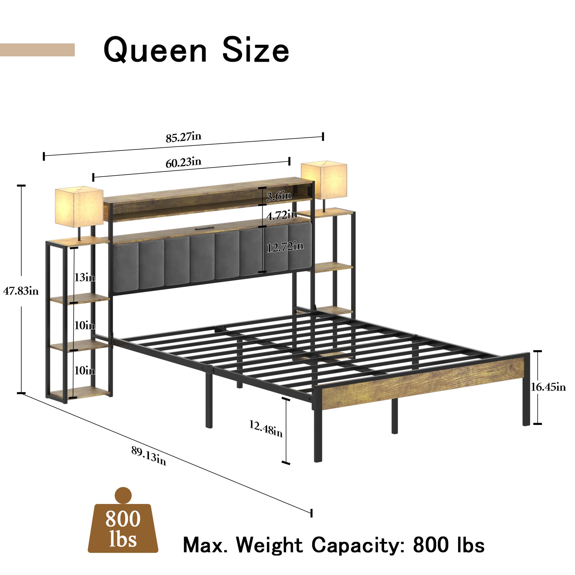 Queen Bed Frame With Storage, Platform Bed Queen Size With Led Lights And Charging Station, Dark Gray Velvet Headboard With Bookcase Shelves, No Box Spring Needed, Noise Free Box Spring Not Required