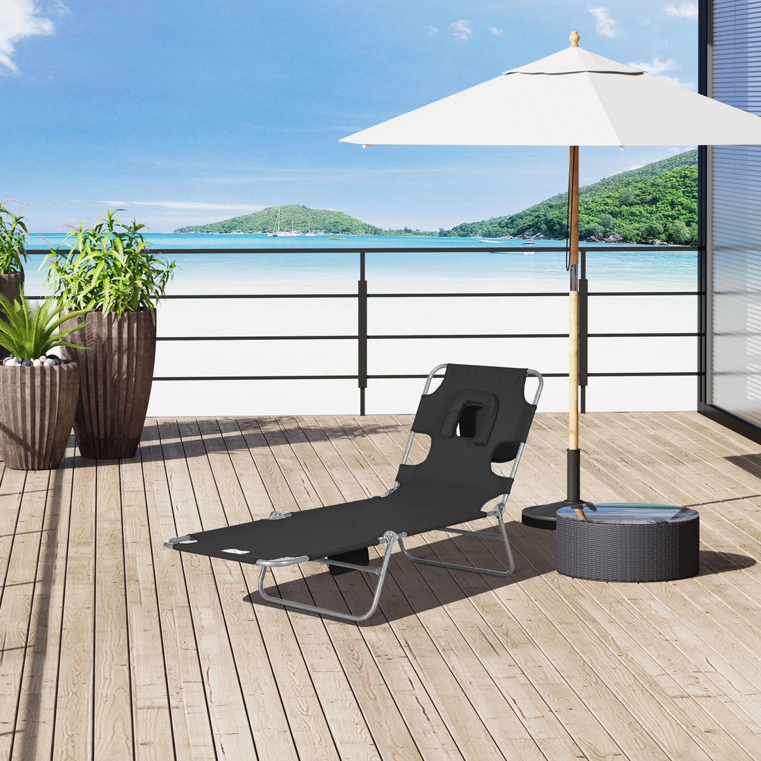 Outsunny Folding Beach Lounge Chair With Face Hole And Arm Slots, 5 Level Adjustable Sun Lounger Tanning Chair With Pillow For Patio, Garden, Beach, Pool, Black Black Oxford Fabric