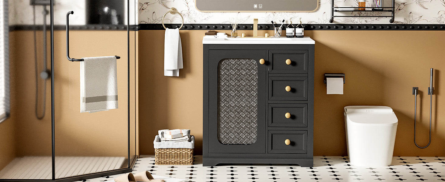 30 Inch Bathroom Vanity With A Soft Close Glass Door, Adjustable Shelves, And Three Drawers Black Bathroom Solid Wood Mdf Glass
