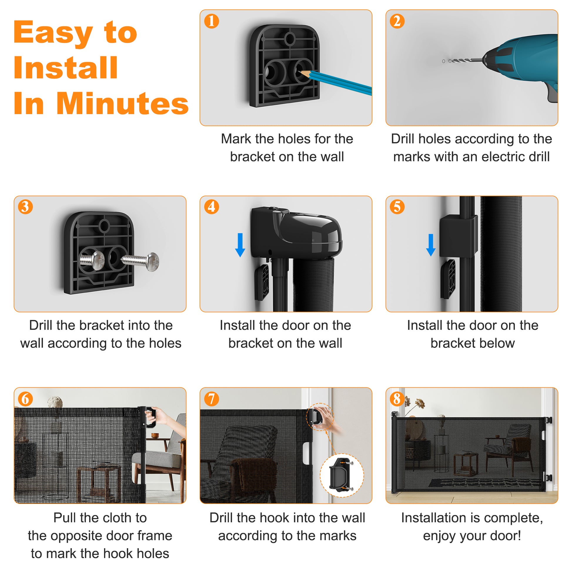 Retractable Baby Gate, Mesh Dog Gate For Doorways, Extends Up To 55" Wide, 33" Tall Child Safety Gate For Doorways, Indoor & Outdoors, Stairs, Hallways, Black Black Plastic