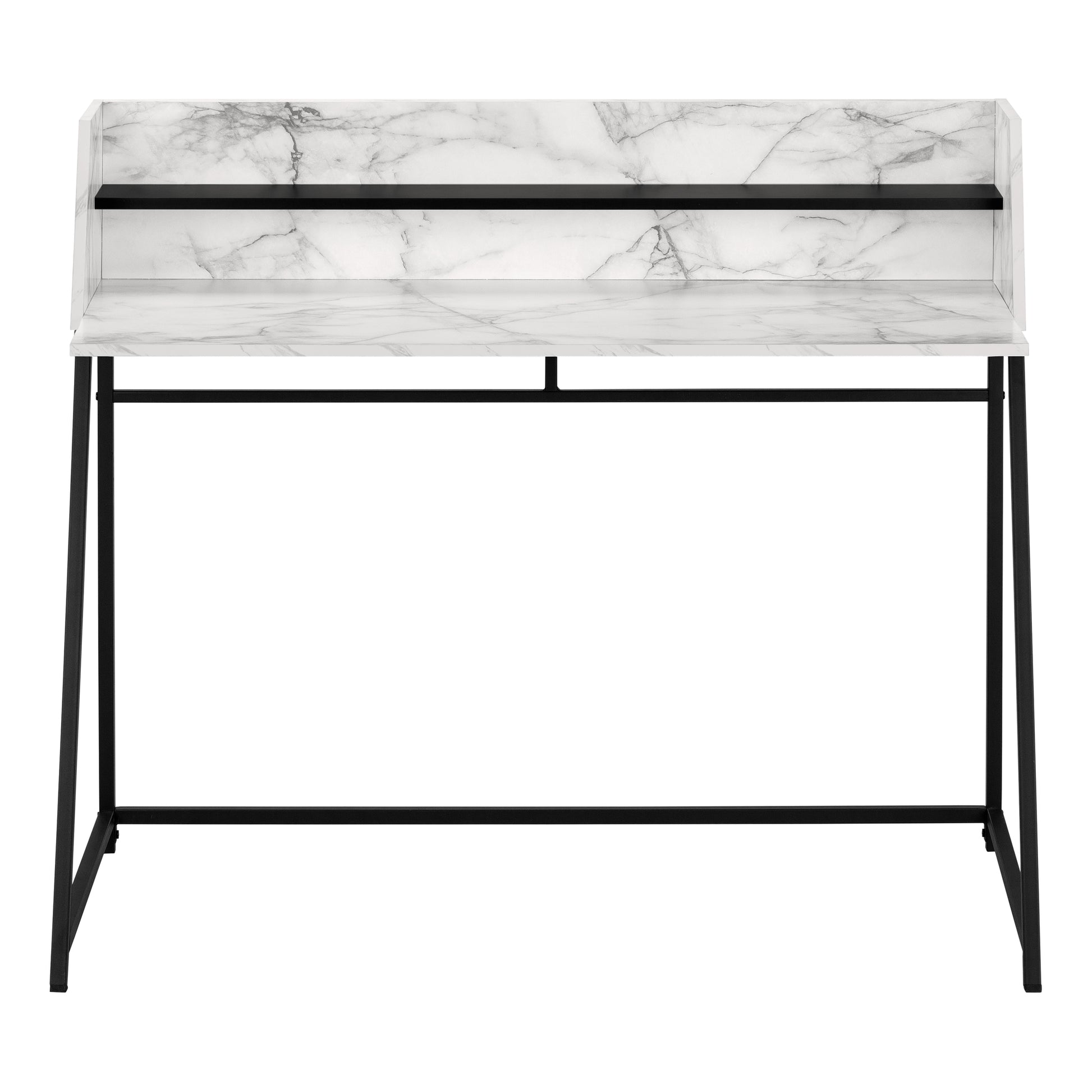 Computer Desk, Home Office, Laptop, Storage Shelves, 48"L, Work, White Marble Look Laminate, Black Metal, Contemporary, Modern White Particle Board