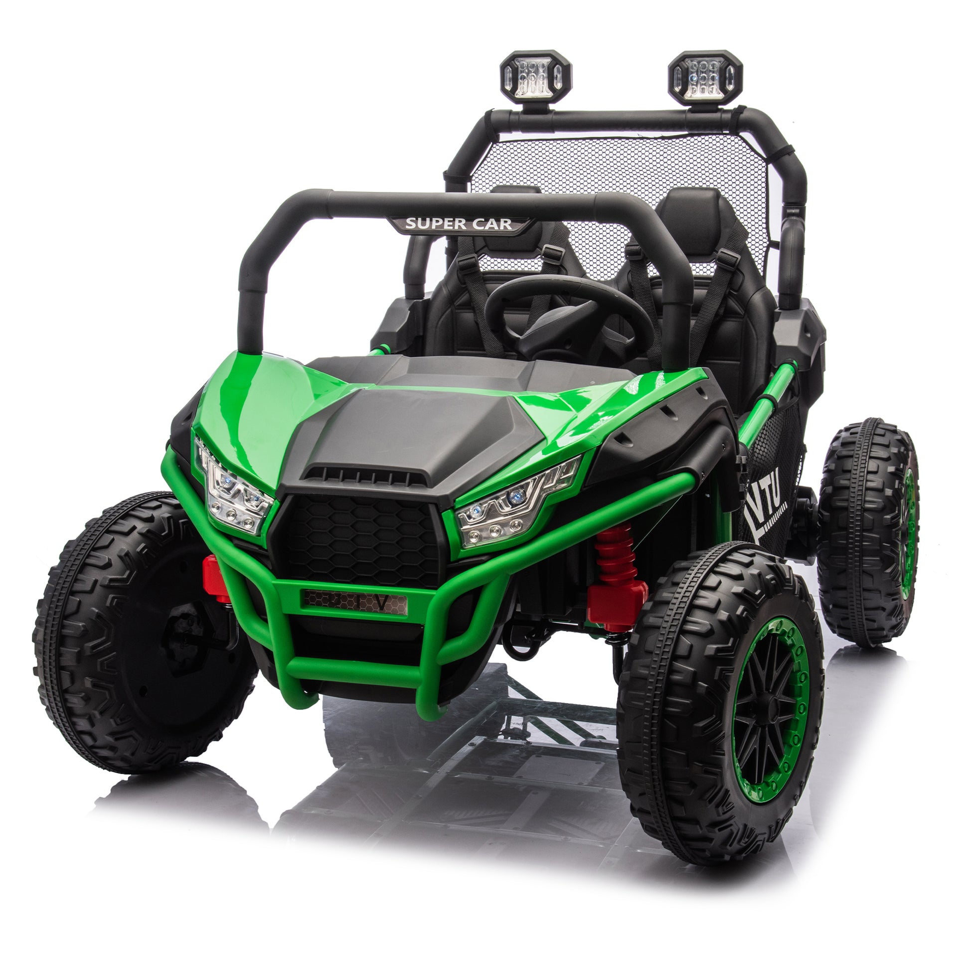 24V Two Seater Kids Ride On Utv W Parents Control,400W Super Power,Four Wheel Suspension,Led Light With Rear Searchlight,Bluetooth,Mp3,Music,Rear Storage Space,Speeds 3.73 4.97Mph For Kids Aged 3 . Green 50 99 Lbs Polypropylene