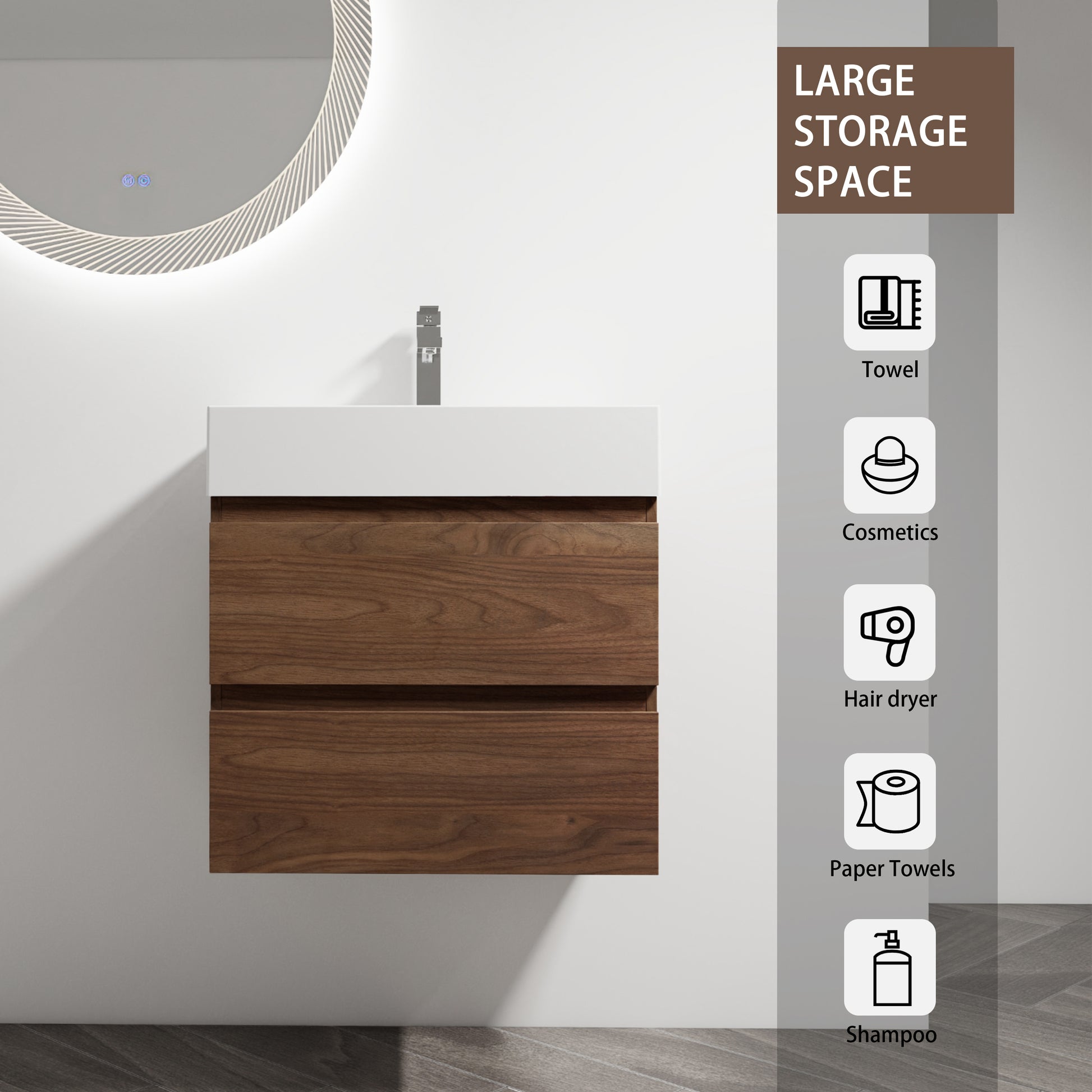 24" Wall Mounted Bathroom Vanity With Resin Sink, 2 Soft Close Drawers, Kd Package 2 Brown Oak Bathroom Wall Mounted Modern Plywood