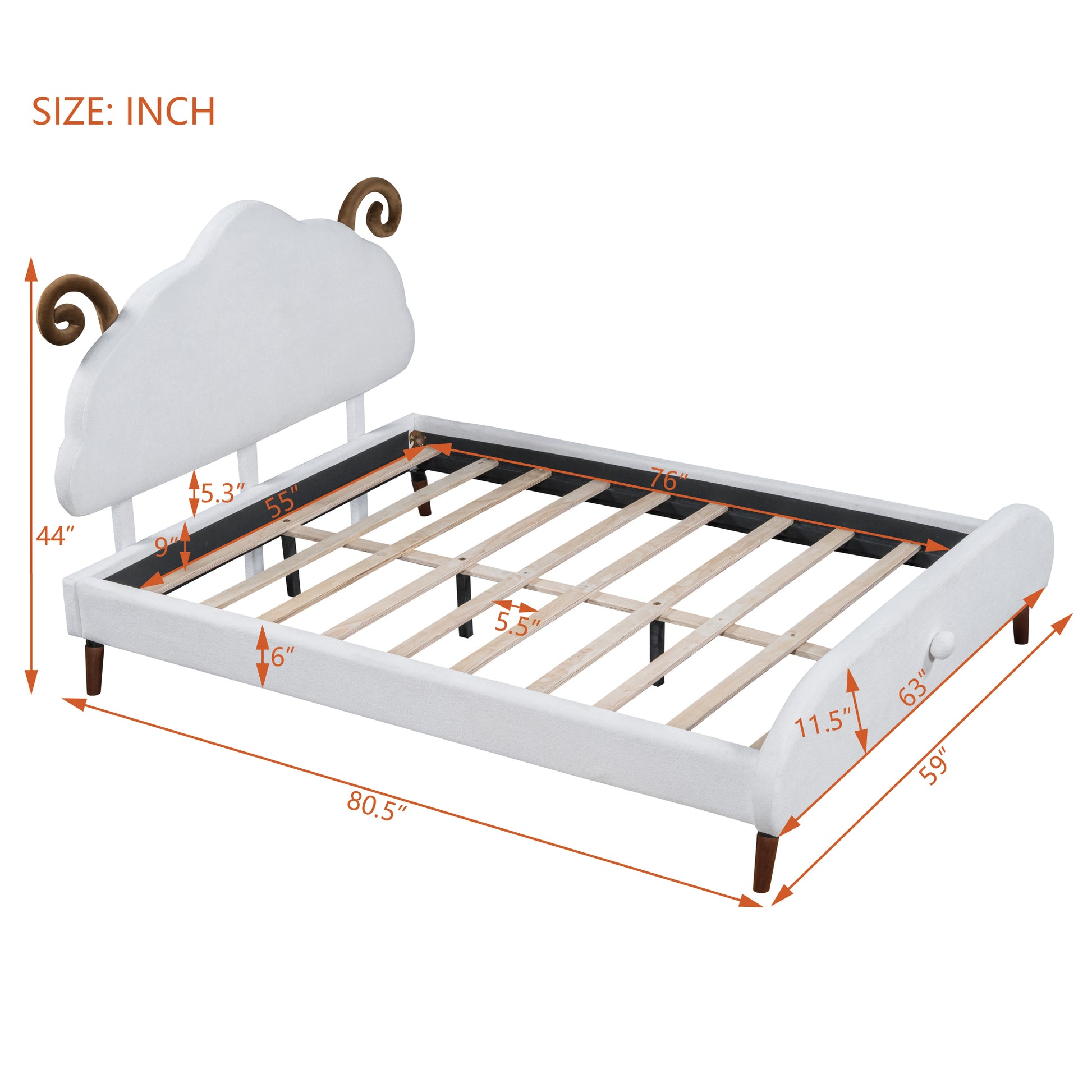Full Size Upholstered Platform Bed With Sheep Shaped Headboard, White Full White Plywood