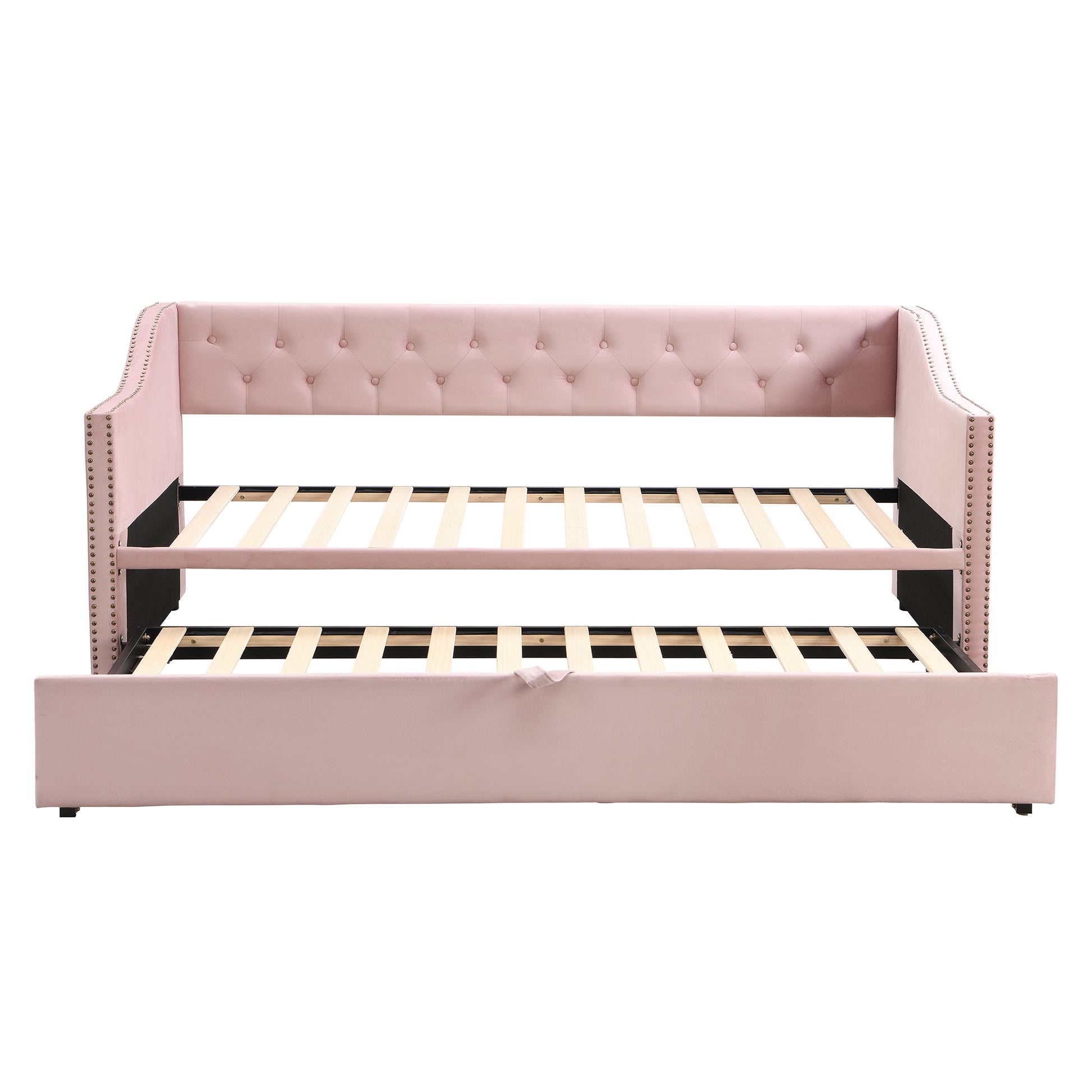 Twin Size Upholstered Daybed With Pop Up Trundle, Pink Twin Pink Upholstered