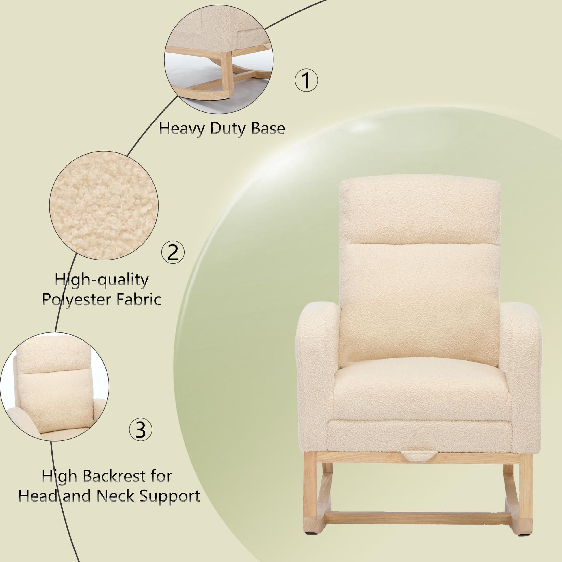 Modern Accent Rocking Chair Rocking Chair With Solid Wood Legs, Upholstered Nursery Glider Rocker, Comfy Armchair With Side Pocket, Living Room Lounge Arm Chair With High Backrest Teddy Beige Rubber Wood,Teddy