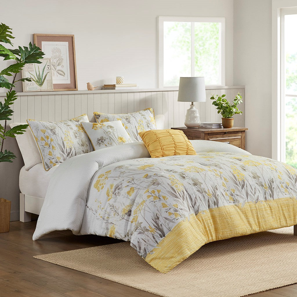 5 Piece Seersucker Comforter Set With Throw Pillows Yellow Full Queen Full Yellow Polyester