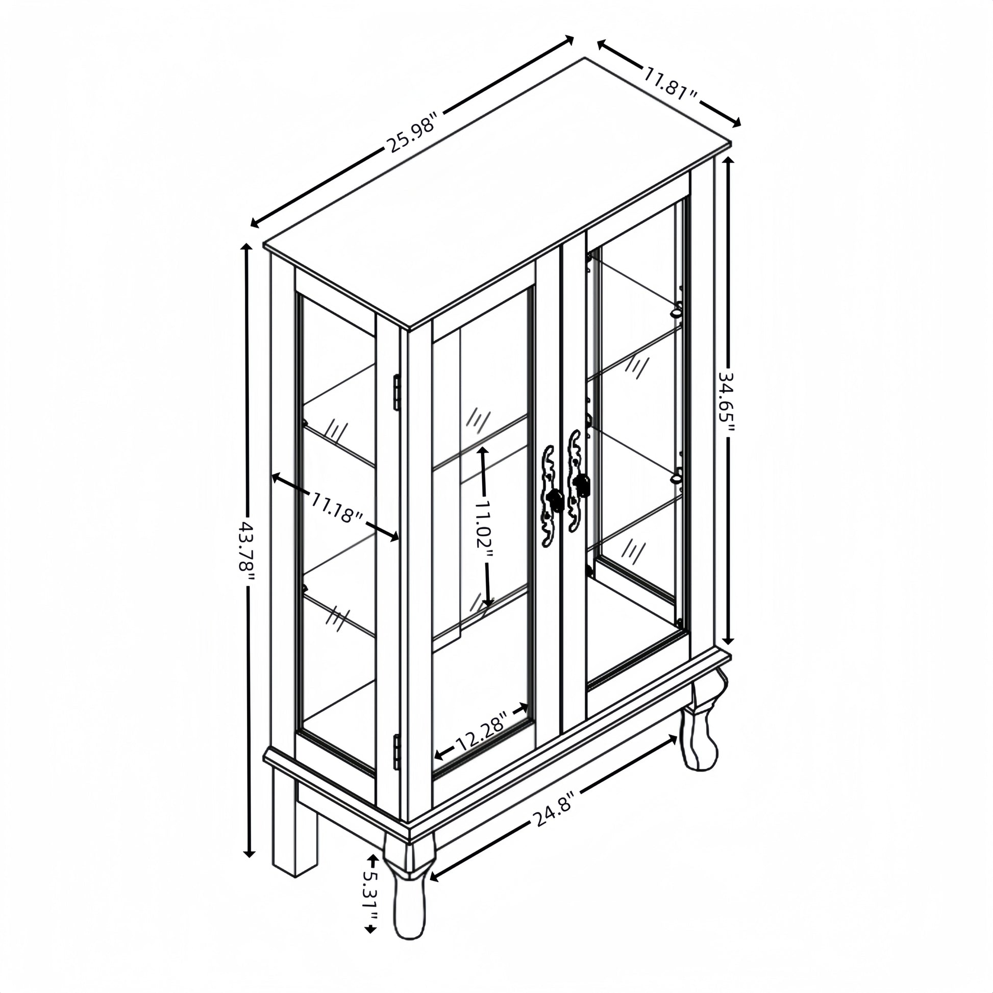 2 Doors Curio Cabinet With Tempered Glass Doors, Curio Cabinets With Mirrored Back Panel And Adjustable Shelves, Lighted Display Cabinet For Home, Office Light Bulb Included White White Mdf Glass