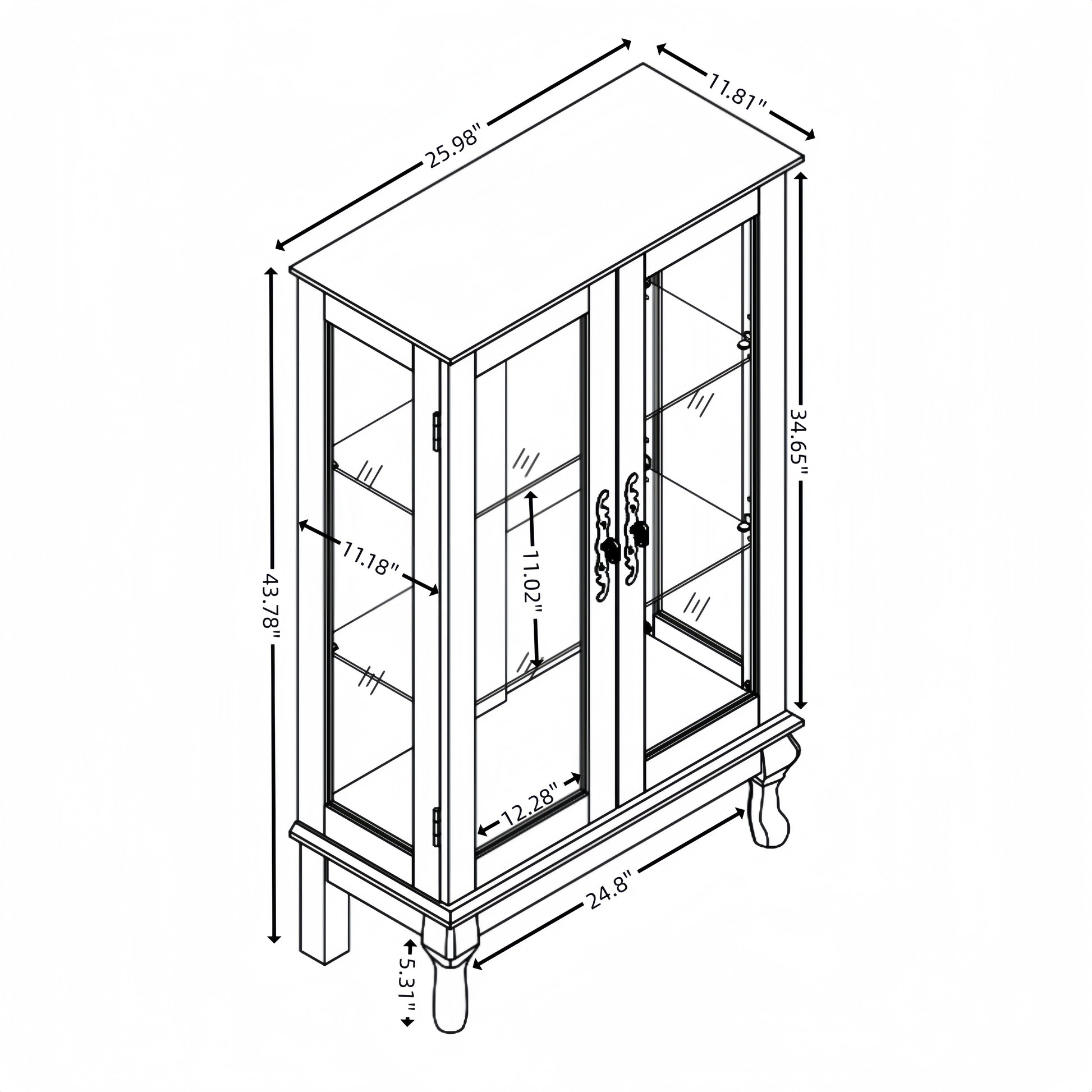 2 Doors Curio Cabinet With Tempered Glass Doors, Curio Cabinets With Mirrored Back Panel And Adjustable Shelves, Lighted Display Cabinet For Home, Office Light Bulb Included Oak Oak Mdf Glass