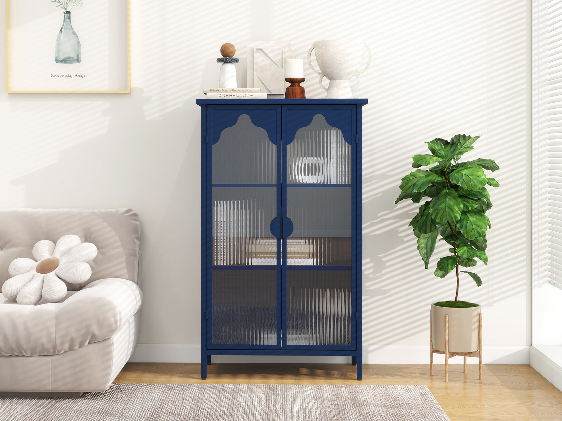 2 Doors Metal Storage Cabinet,Display Cabinet With Glass Doors,Metal Kitchen Sideboard Buffet Cabinet,Glass Storage Cabinet For Dining Room,Living Room,Bedroom Dark Blue Modern Iron