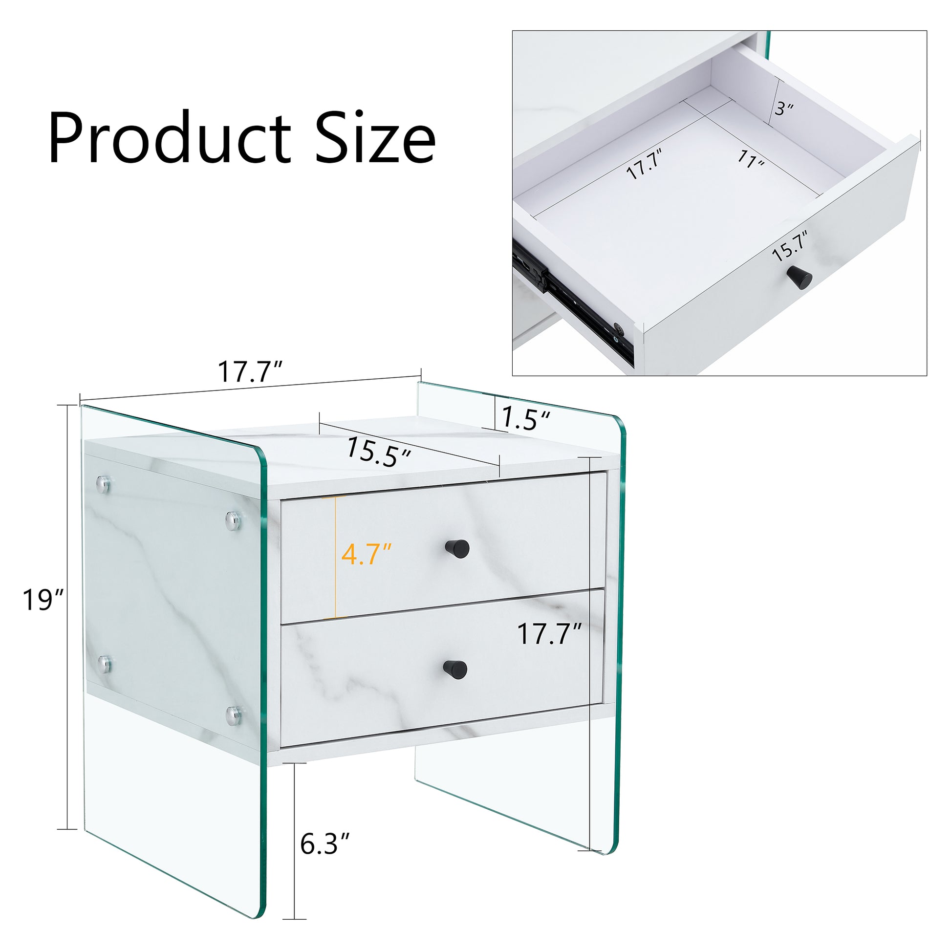 Double Drawer Bedside Table. The Board Surface Is Mdf Sticker, And Both Sides Are Transparent Tempered Glass. The Design Is Simple And Elegant, With Excellent Storage Functions. White Mdf