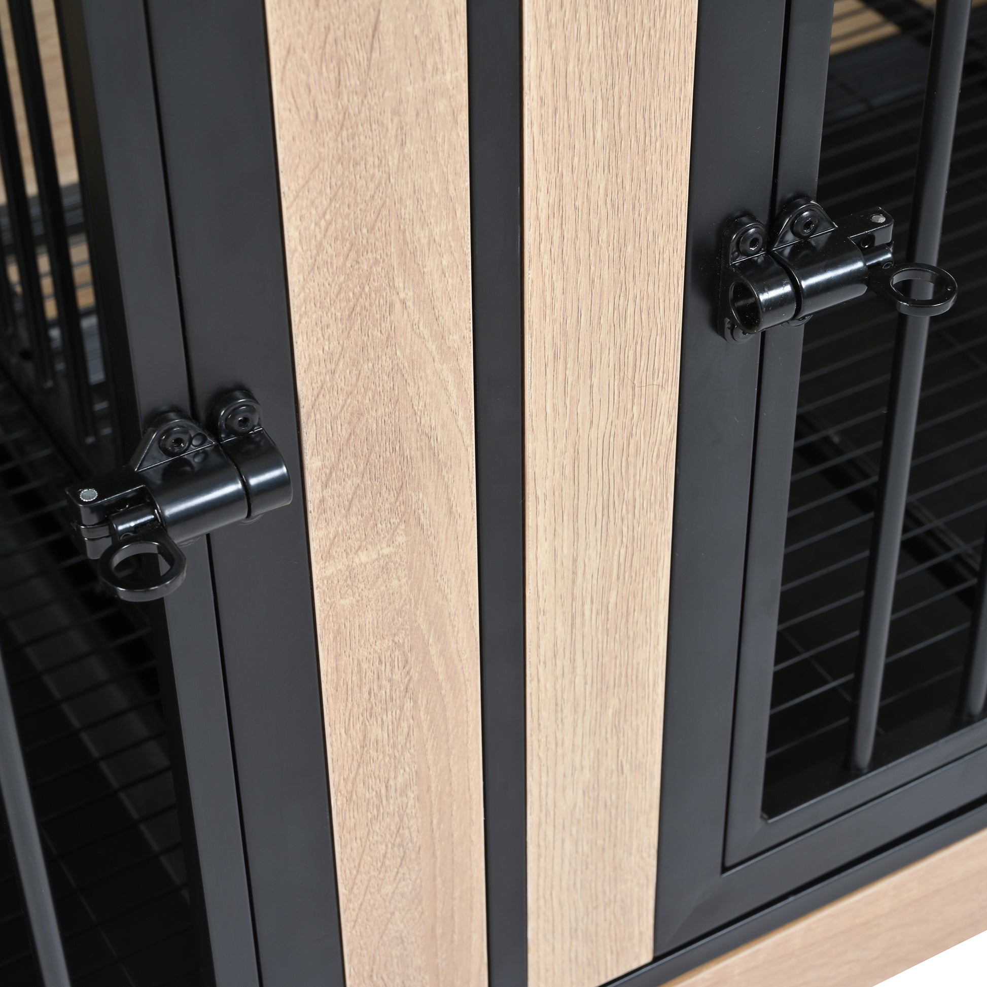 Dog Crate Furniture With Two Combined Room, Xl Large Double Dog Cage Furniture With Tray For Medium Large Dogs, Wooden Dog Kennel Furniture Black Natural Mdf Iron