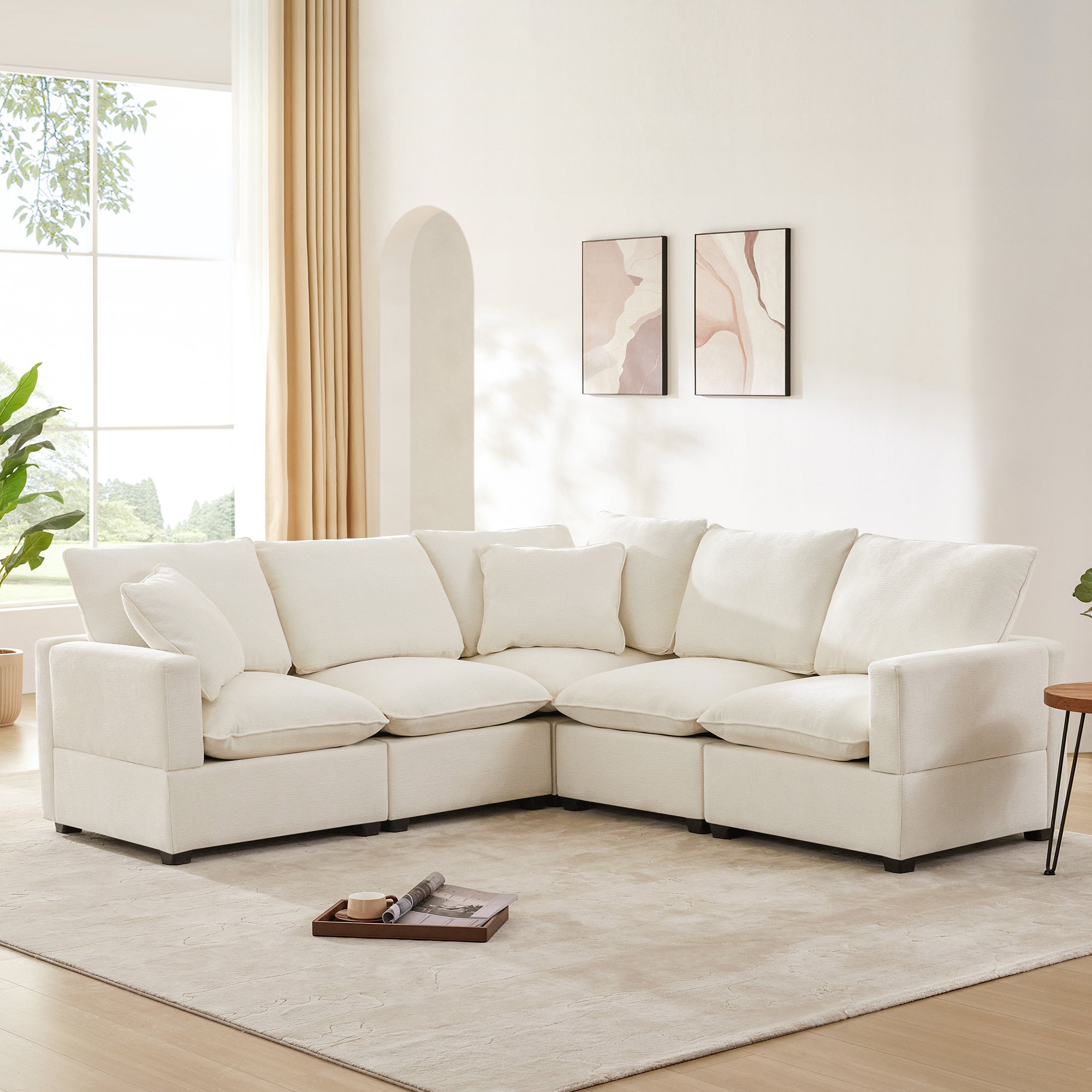 84*84" Modern L Shape Modular Sofa, 5 Seat Chenille Sectional Couch Set With 2 Pillows Included, Freely Combinable Indoor Funiture For Living Room, Apartment, Office, 2 Colors White Chenille 5 Seat