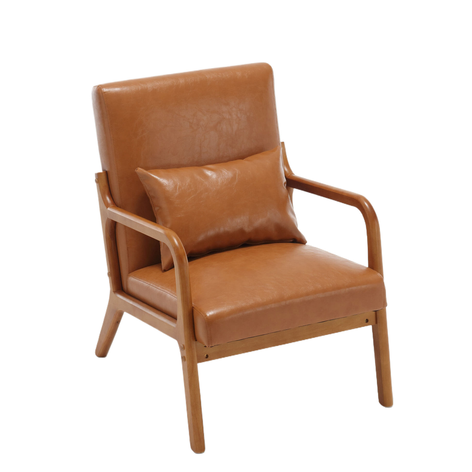 Coolmore Modern Accent Chair, Solid Wood Padding Lounge Armchairs With One Pillow For Living Room, Bedroom, Guest Room Light Brown Pu Light Brown Brown Primary Living Space Modern Rubberwood Foam Pu Leather