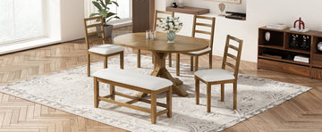 Farmhouse 6 Piece 60Inch Extendable Pedestal Dining Table Set With 18Inch Removable Leaf, 44Inch Bench And 4 Ladder Back Dining Chairs, Dark Brown Wood Dining Room Solid Wood Rubberwood Oval Dining Table With Bench Wood Wood Dark Brown Ladder Back Seats