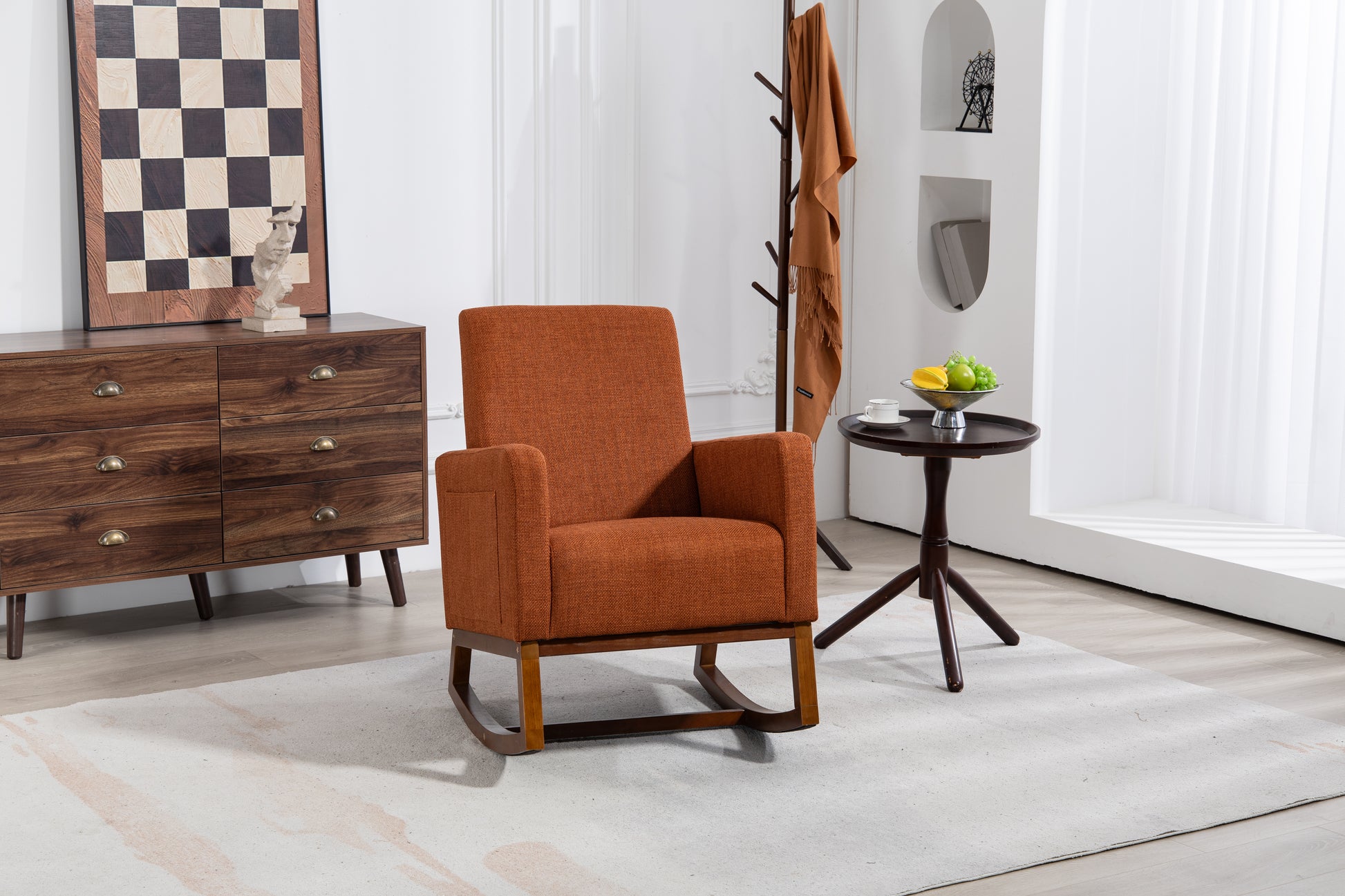 Mid Century Modern Accent Chair With Wood Frame, Upholstered Living Room Chairs With Waist Cushion, Reading Armchair For Bedroom Sunroom Brown Linen