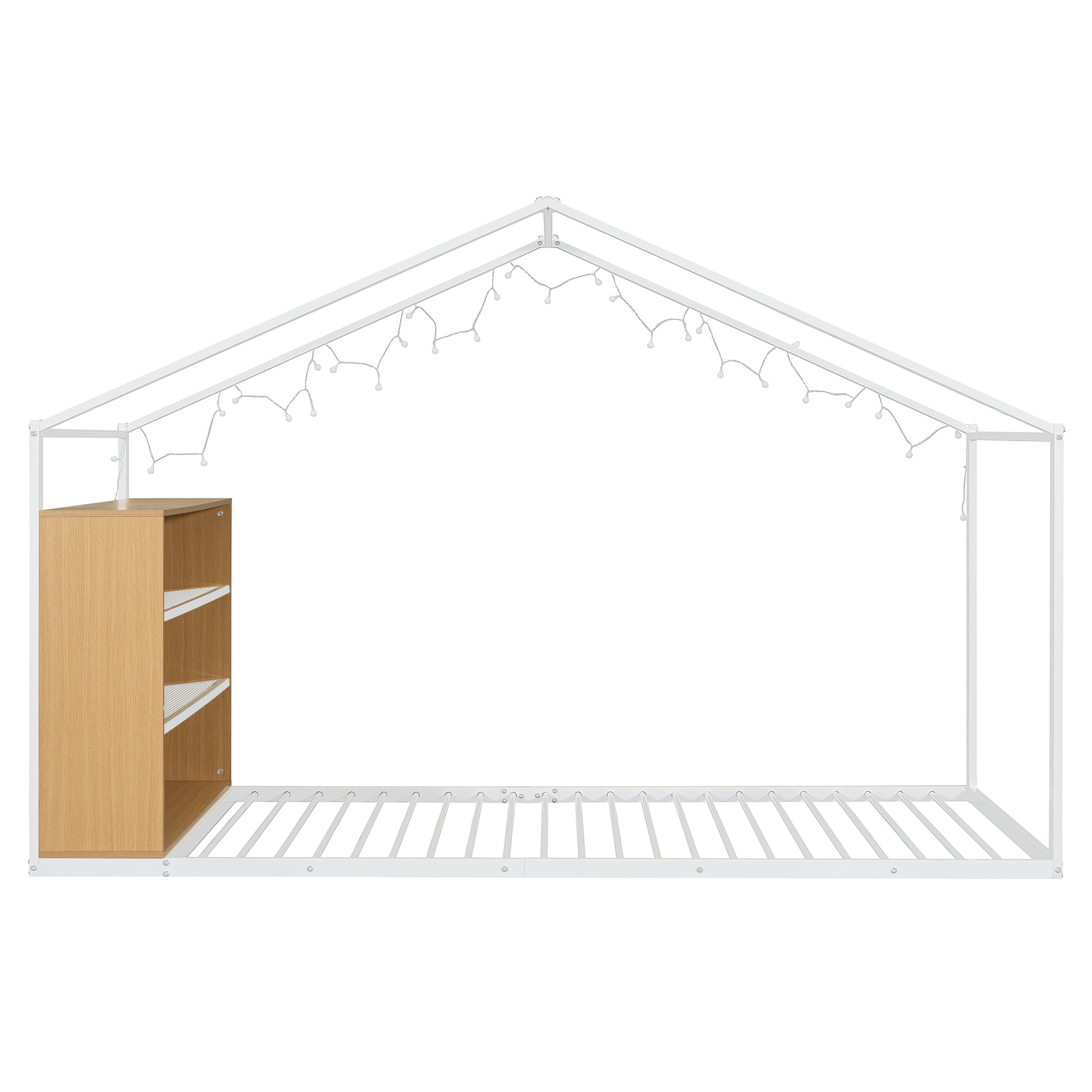 Twin Size Metal Bed House Bed Frame With Shelves And Lights, White Twin White Metal & Wood