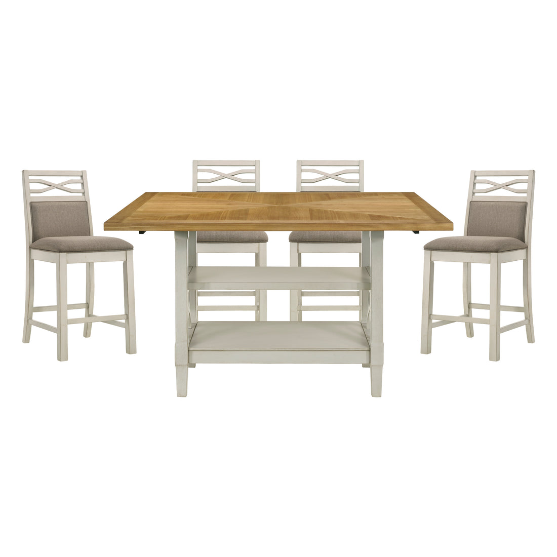 5Pc Dining Set Counter Height Table Base With 2 Shelves, 4 Upholstered Counter Height Chairs Light Oak And Gray Finish Casual Country Style Dining Wooden Kitchen Furniture Gray,Light Oak Seats 4 Dining Room Rectangular Wood
