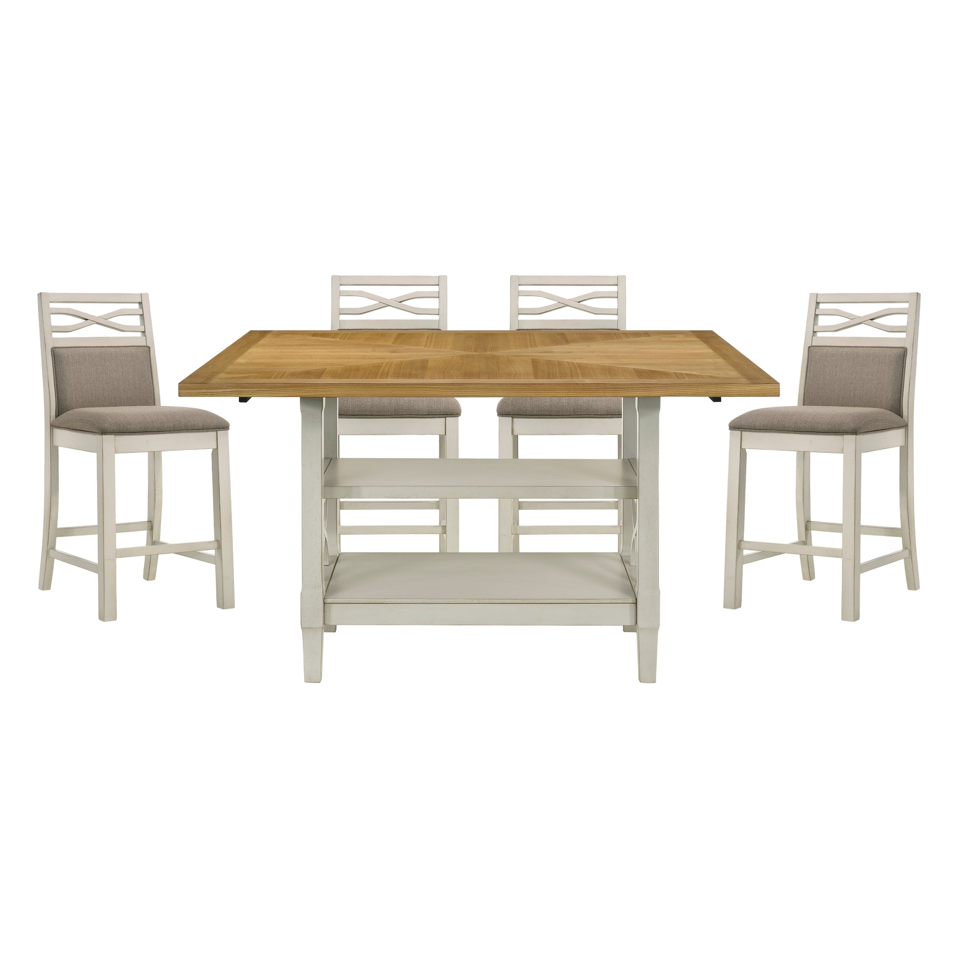5Pc Dining Set Counter Height Table Base With 2 Shelves, 4 Upholstered Counter Height Chairs Light Oak And Gray Finish Casual Country Style Dining Wooden Kitchen Furniture Gray,Light Oak Seats 4 Dining Room Rectangular Wood
