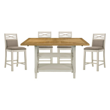5Pc Dining Set Counter Height Table Base With 2 Shelves, 4 Upholstered Counter Height Chairs Light Oak And Gray Finish Casual Country Style Dining Wooden Kitchen Furniture Gray,Light Oak Seats 4 Dining Room Rectangular Wood