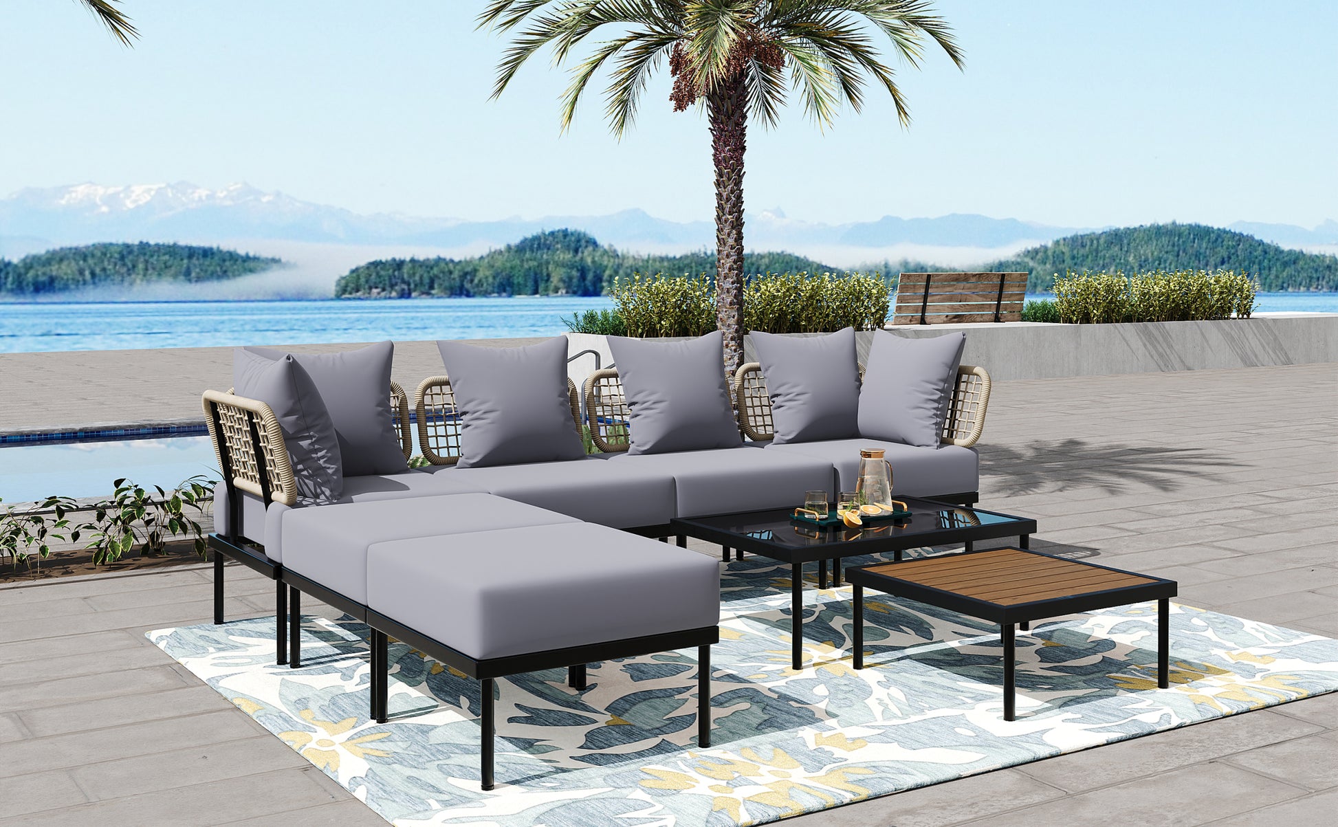 8 Piece Patio Sectional Sofa Set With Tempered Glass Coffee Table And Wooden Coffee Table For Outdoor Oasis, Garden, Patio And Poolside Light Grey Cushion Black Steel Light Grey Iron