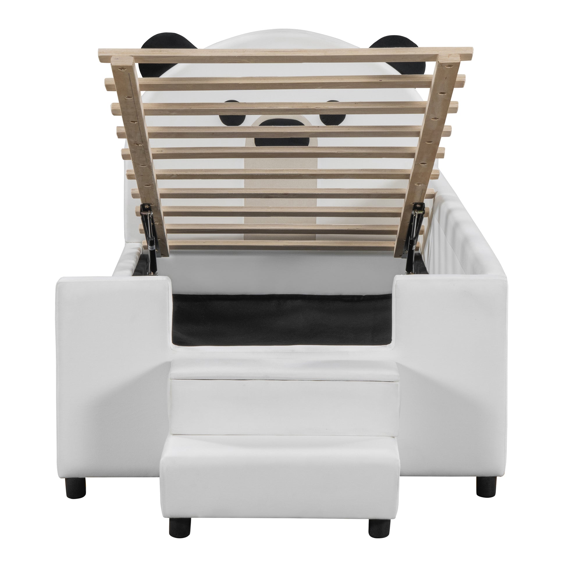 Twin Size Upholstered Daybed With Bear Shaped Headboard, Hydraulic System Andmesh Fence, White White Velvet