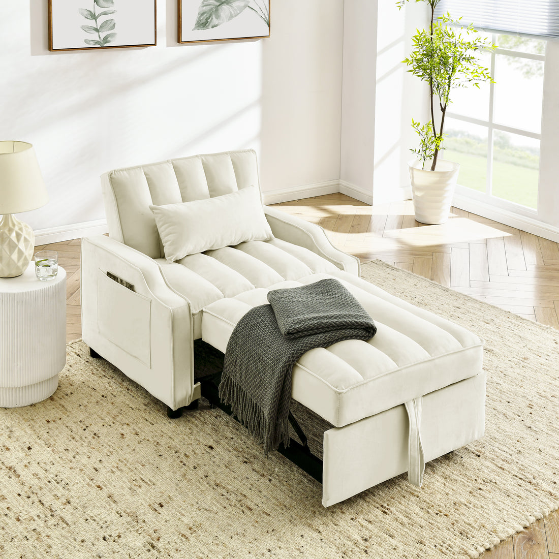 Modern Velvet Armchair Sofa Couch Pull Out Bed,3 In One Convertible For Living Room Sofa Bed,Beige Beige Velvet Cushion Back Medium Soft Medium Duty American Design Pillow Top Arms Foam Velvet 1 Seat