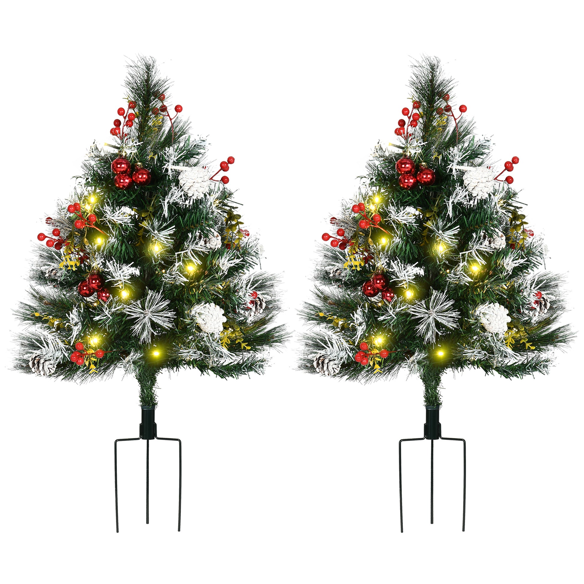 Homcom 2.5 Ft 30" 2 Pack Outdoor Entryway Pre Lit Artificial Christmas Tree Cordless With 70 Branches, Warm White Led Lights, Red Berries, Pine Cones, Balls, Green Green Plastic