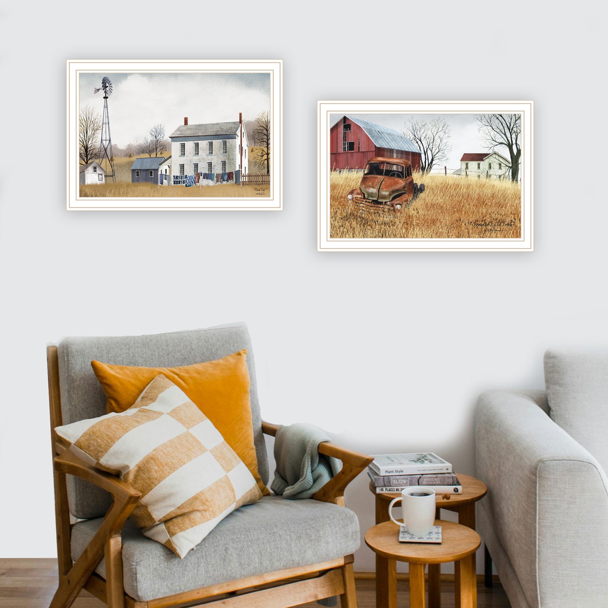 2 Piece Vignette Washday And Granddad'S Old Truck White Framed Wall Art For Living Room, Bedroom Wall Art Print For Home Decor By Billy Jacobs Multicolor Wood Paper