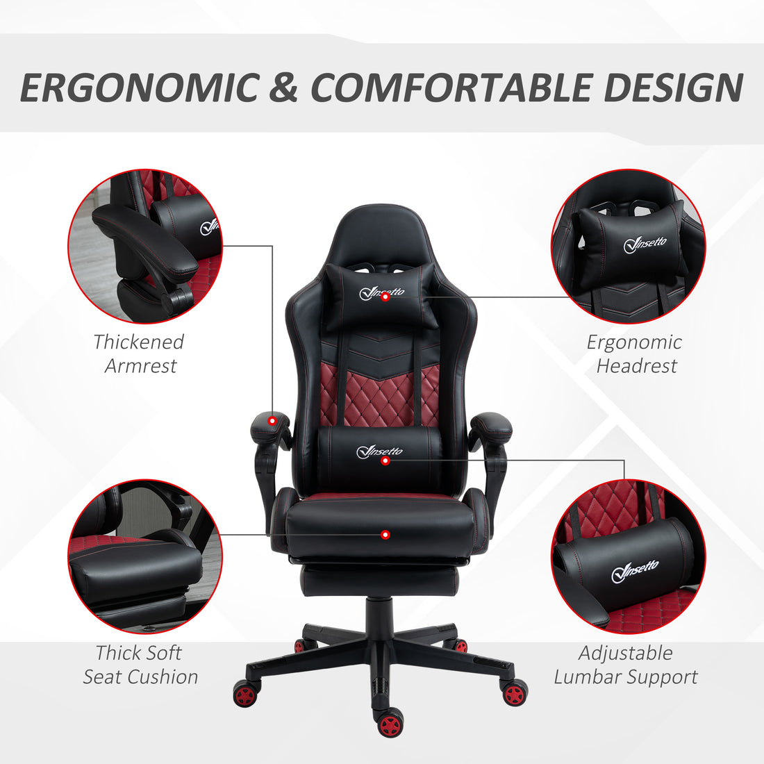 Vinsetto Racing Gaming Chair Diamond Pu Leather Office Gamer Chair High Back Swivel Recliner With Footrest, Lumbar Support, Adjustable Height, Black Black Pu