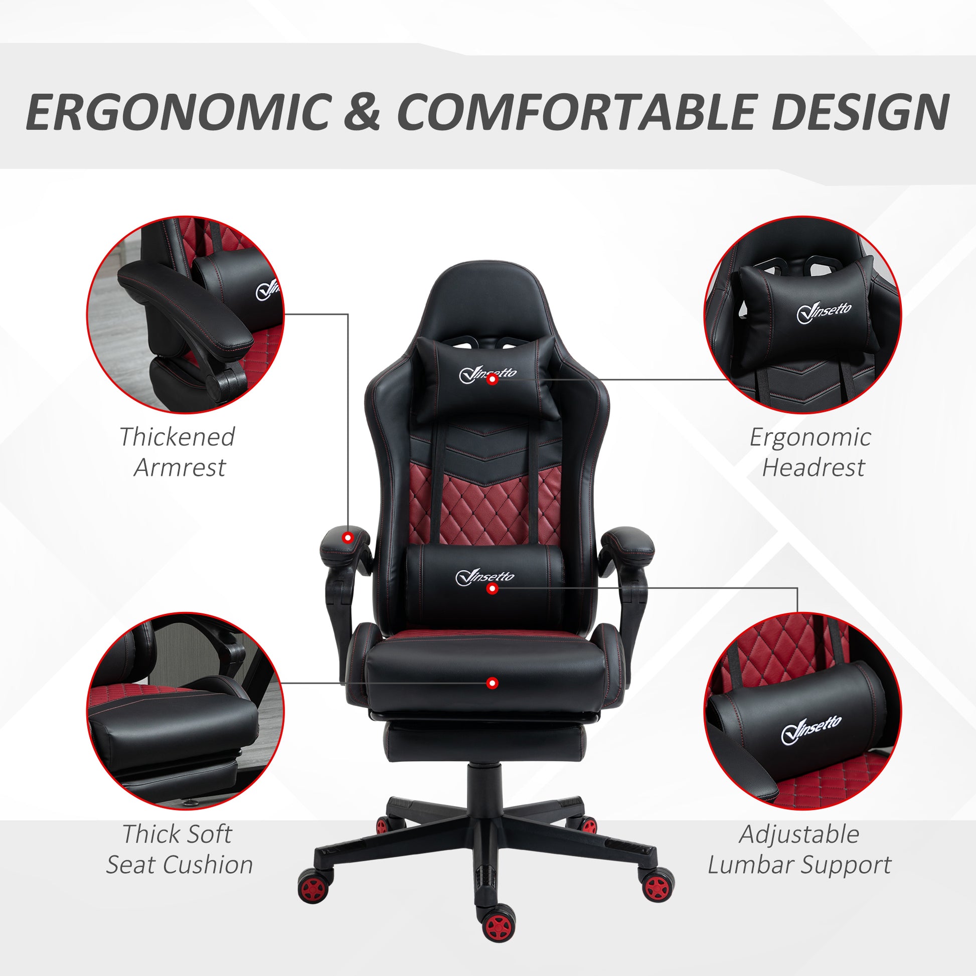 Vinsetto Racing Gaming Chair Diamond Pu Leather Office Gamer Chair High Back Swivel Recliner With Footrest, Lumbar Support, Adjustable Height, Black Black Pu