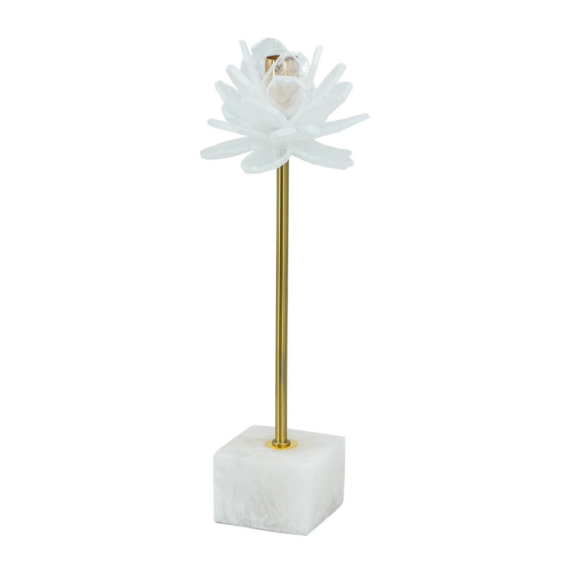 Sel 14 Inch Candle Holder With Modern Selenite Stone Accent, Gold And White White Gold Iron