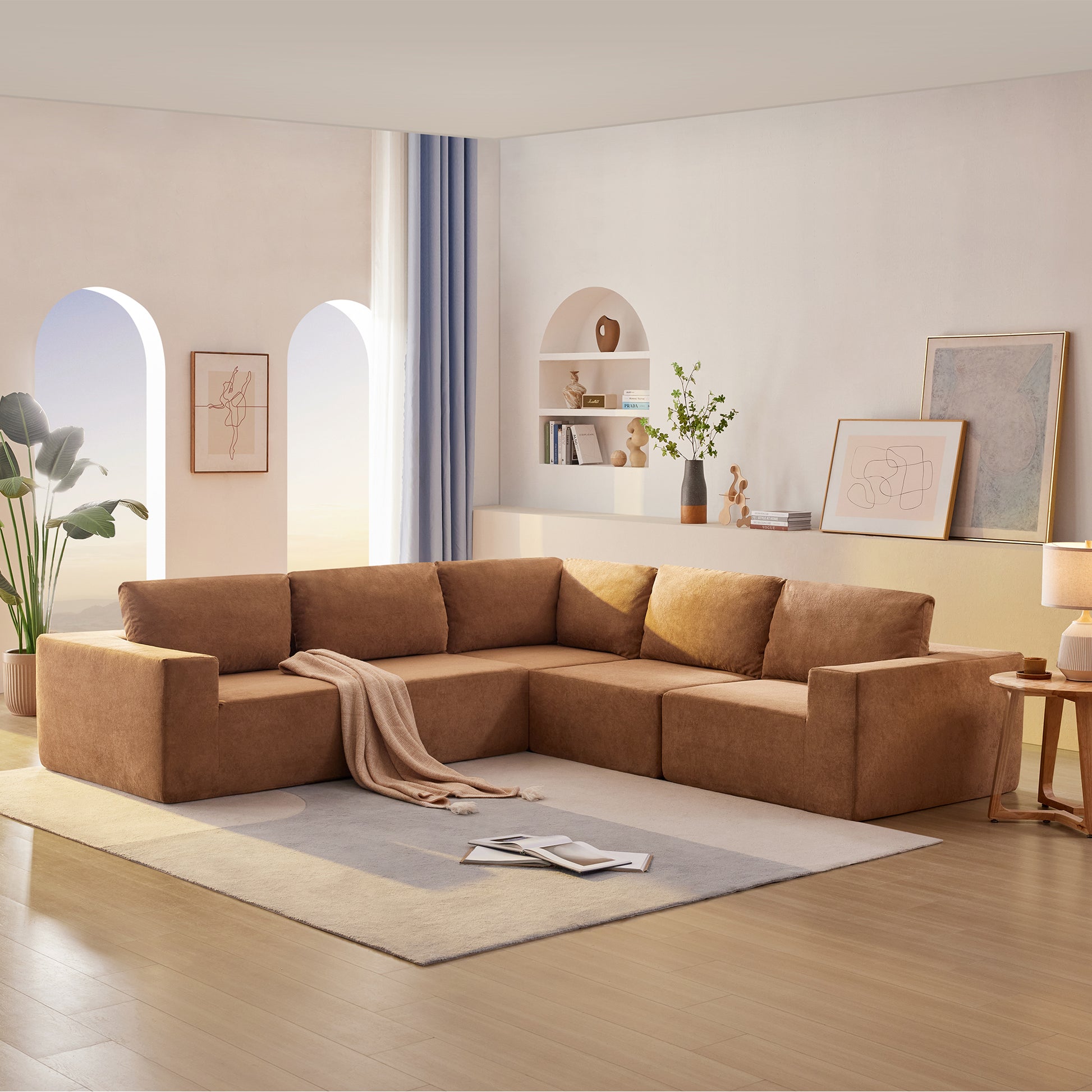 116*116" Modular L Shaped Sectional Sofa,Luxury Floor Couch Set,Upholstered Indoor Furniture,Foam Filled Sleeper Sofa Bed For Living Room,Bedroom,5 Pc Free Combination,3 Colors Brown Fabric 5 Seat