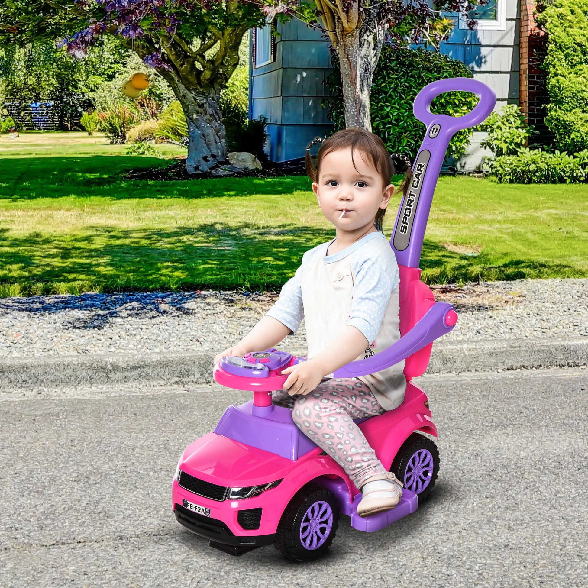 Aosom 3 In 1 Push Cars For Toddlers Kid Ride On Push Car Stroller Sliding Walking Car With Horn Music Light Function Secure Bar Ride On Toy For Boy Girl 1 3 Years Old Pink Pink Metal