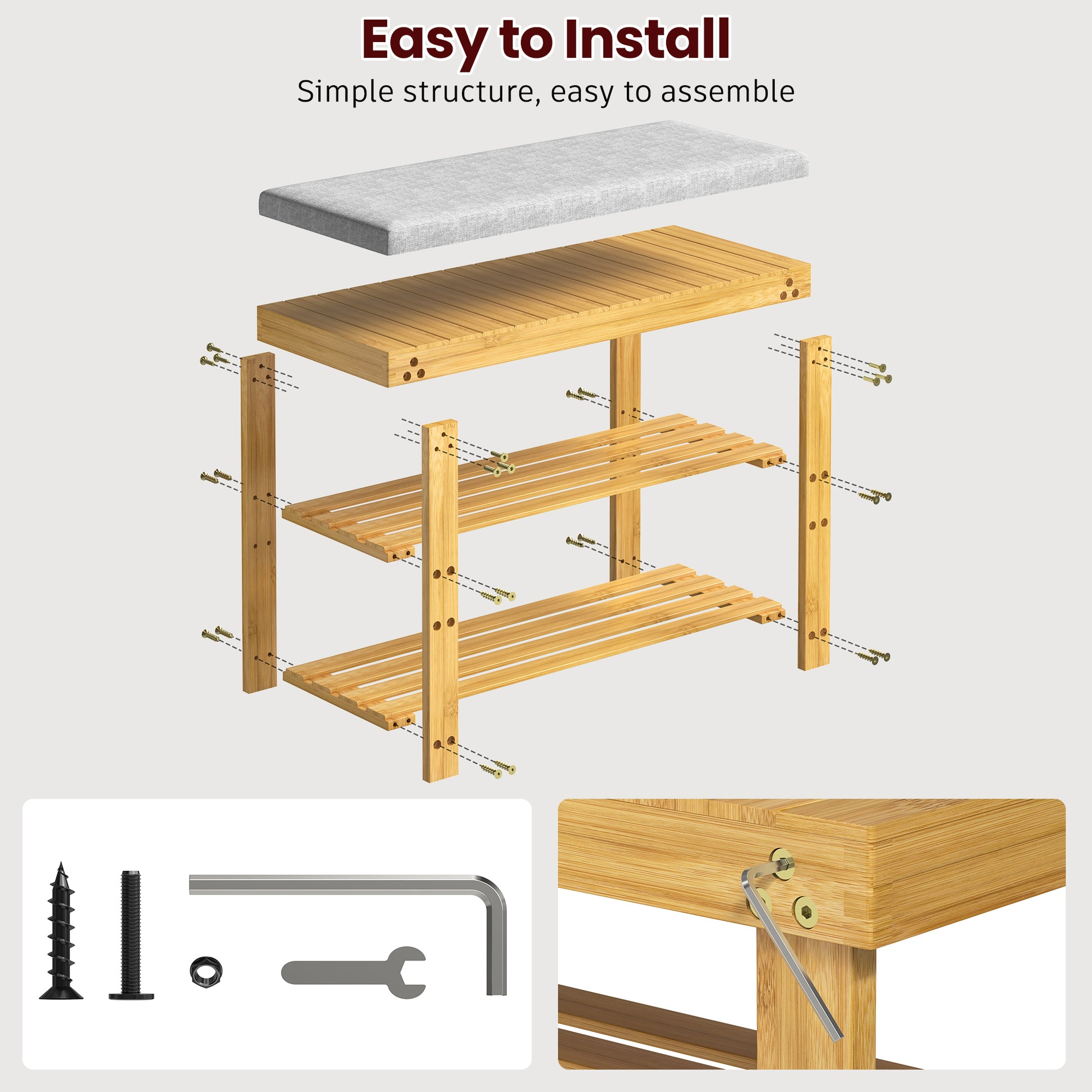 Bamboo Shoe Bench, 3 Tier Shoe Rack, Entryway Bench With Cushion And Adjustable Shelves, Shoe Rack For Entryway, Hallway, Mudroom And Living Room, Bamboo Khaki Bamboo