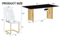 Table And Chair Set.The Table Has A Glass Tabletop With Imitation Marble Pattern Stickers And Stainless Steel Golden Table Legs. Paried With Comfortable Chairs With Pu Seats And Metal Legs. Gold Black Seats 6 Glass Metal