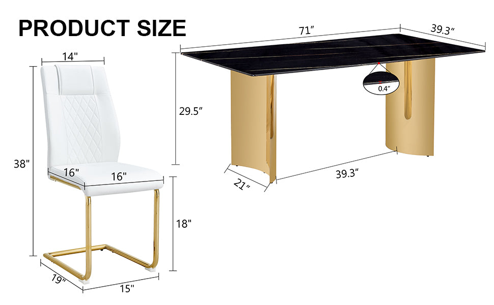 Table And Chair Set.The Table Has A Glass Tabletop With Imitation Marble Pattern Stickers And Stainless Steel Golden Table Legs. Paried With Comfortable Chairs With Pu Seats And Metal Legs. Gold Black Seats 6 Glass Metal