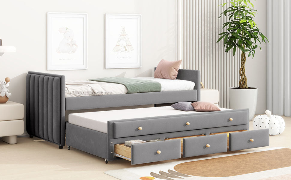 Twin Size Upholstered Daybed With Twin Size Trundle And Drawers, Velvet, Gray Box Spring Not Required Twin Gray Velvet