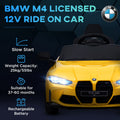 Qaba Bmw M4 Licensed Kids Electric Car, 12V Ride On Car With Parent Remote Control, Suspension, Handle Attachment, Battery Powered Kids Car With Led Lights, Music, Soft Start, Yellow Yellow Plastic