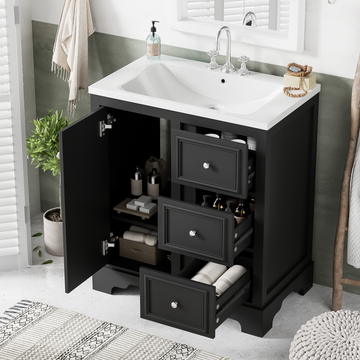 30 Inch Bathroom Vanity Cabinet With Ceramic Basin, 3 Drawers And Adjustable Shelves Black Bathroom Solid Wood Mdf