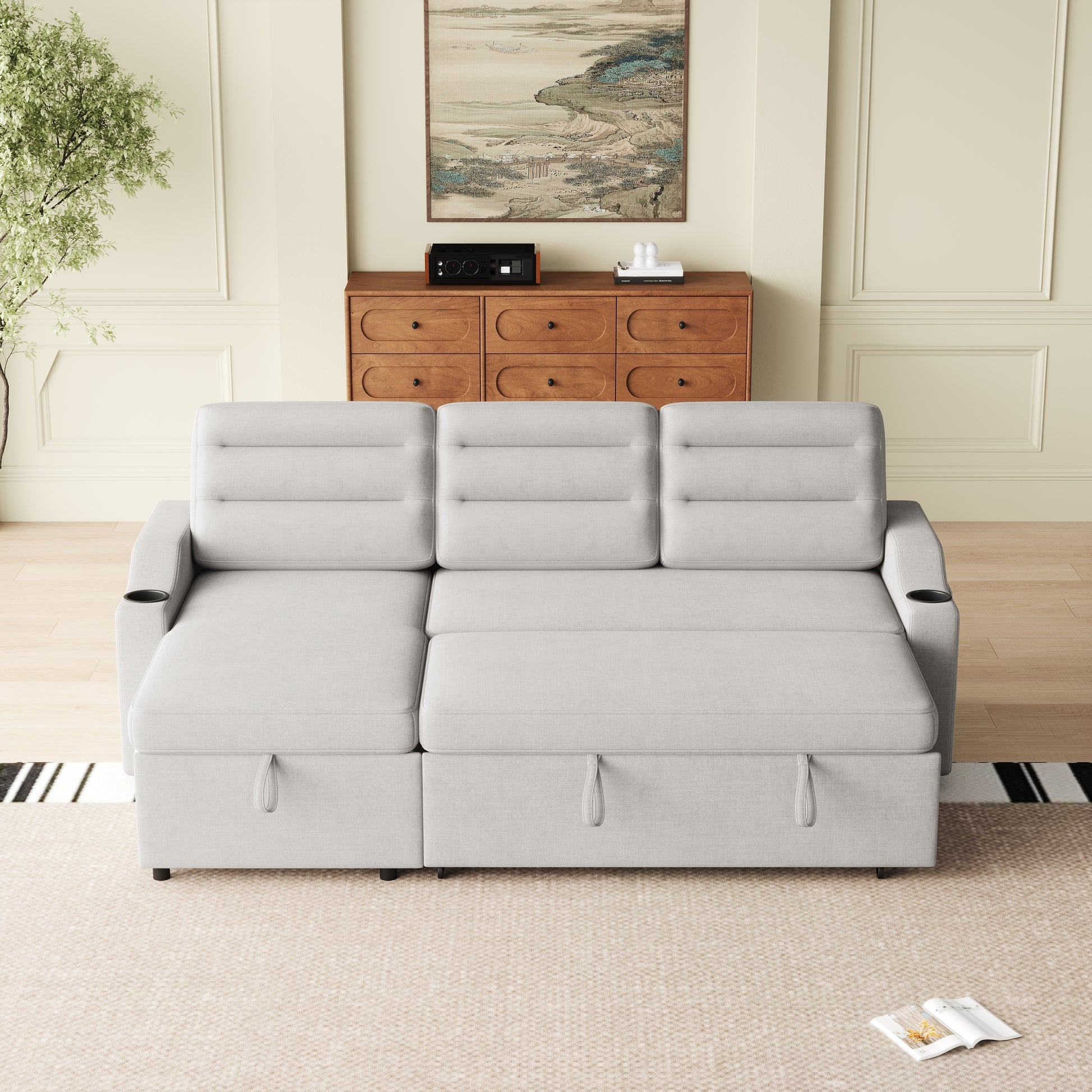 Mh83.5" Convertible Sleeper Combo Sofa, Convertible Sofa Bed Polyester Pullout Bed With Storage Recliner And Cup Holder For Living Room, Tight Spaces Light Grey Polyester Primary Living Space Pine Foam Fabric 3 Seat