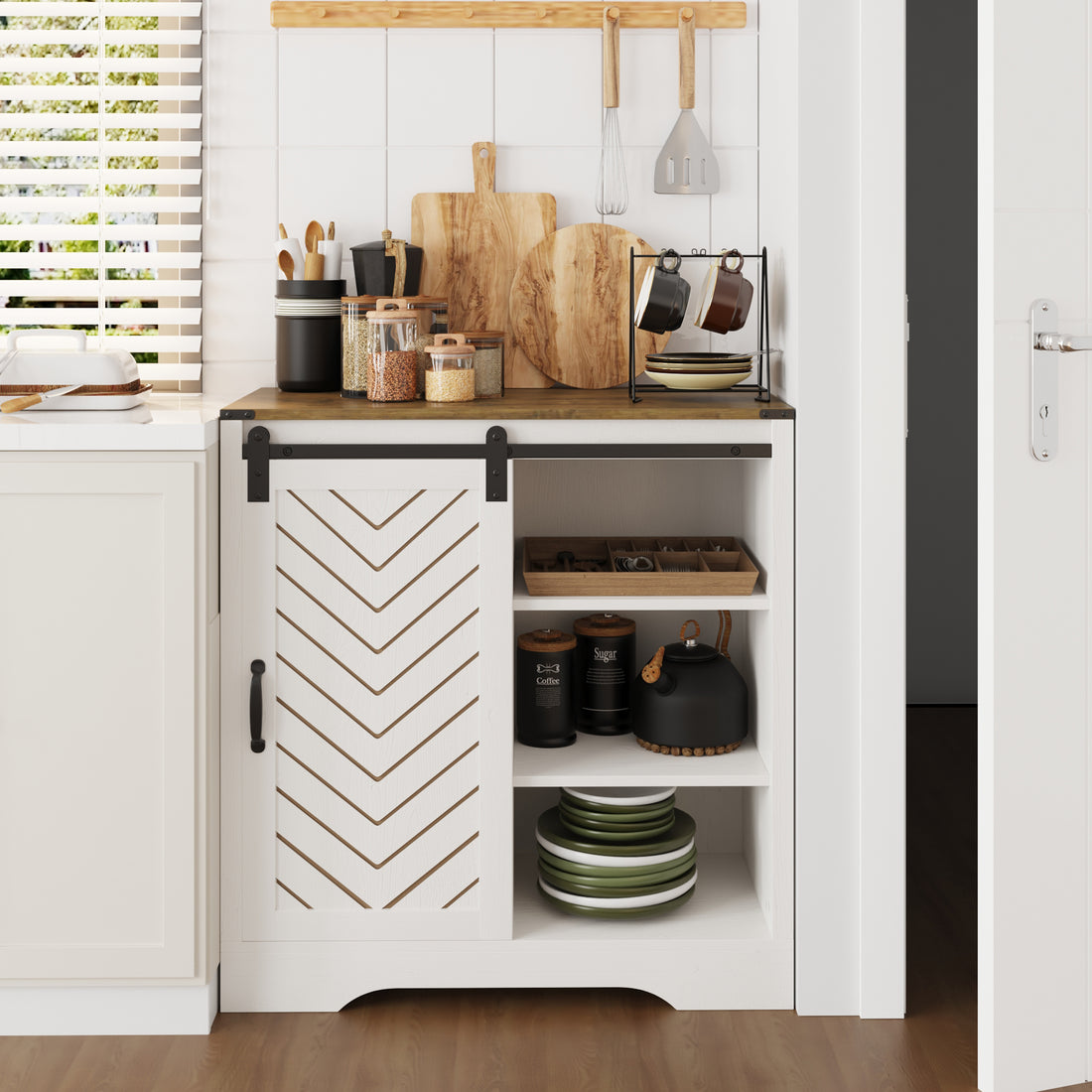 34" Accent Cabinet With Drawers And Removable Partitions, Wooden Rustic Buffet Sideboard Storage Cabinet White And Rustic Oak White Light Oak Wood Metal