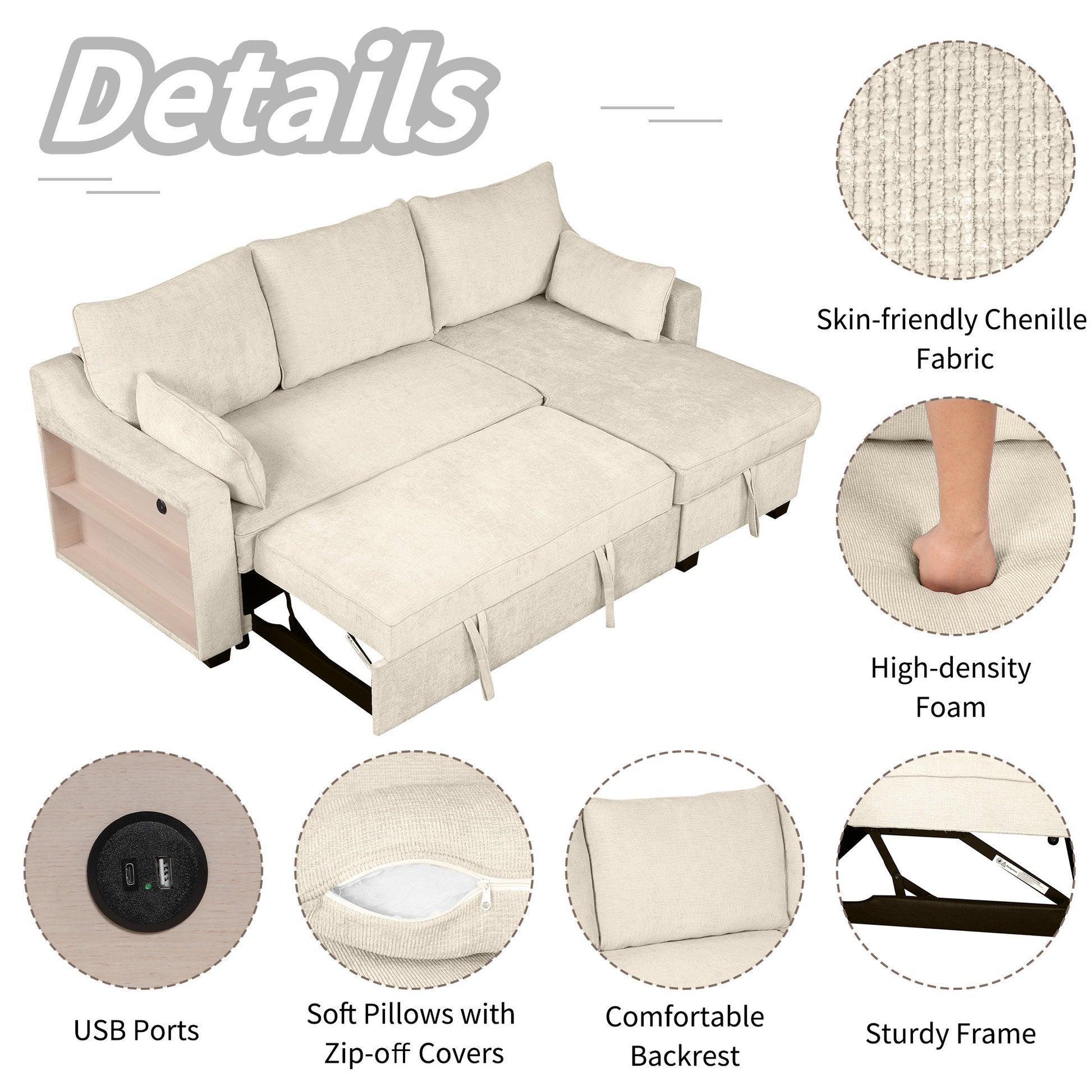 90" Pull Out Sleeper Sofa L Shaped Couch Convertible Sofa Bed With Storage Chaise, Storage Racks And Usb Ports Sg001340Aa , Beige Beige Foam Chenille 3 Seat