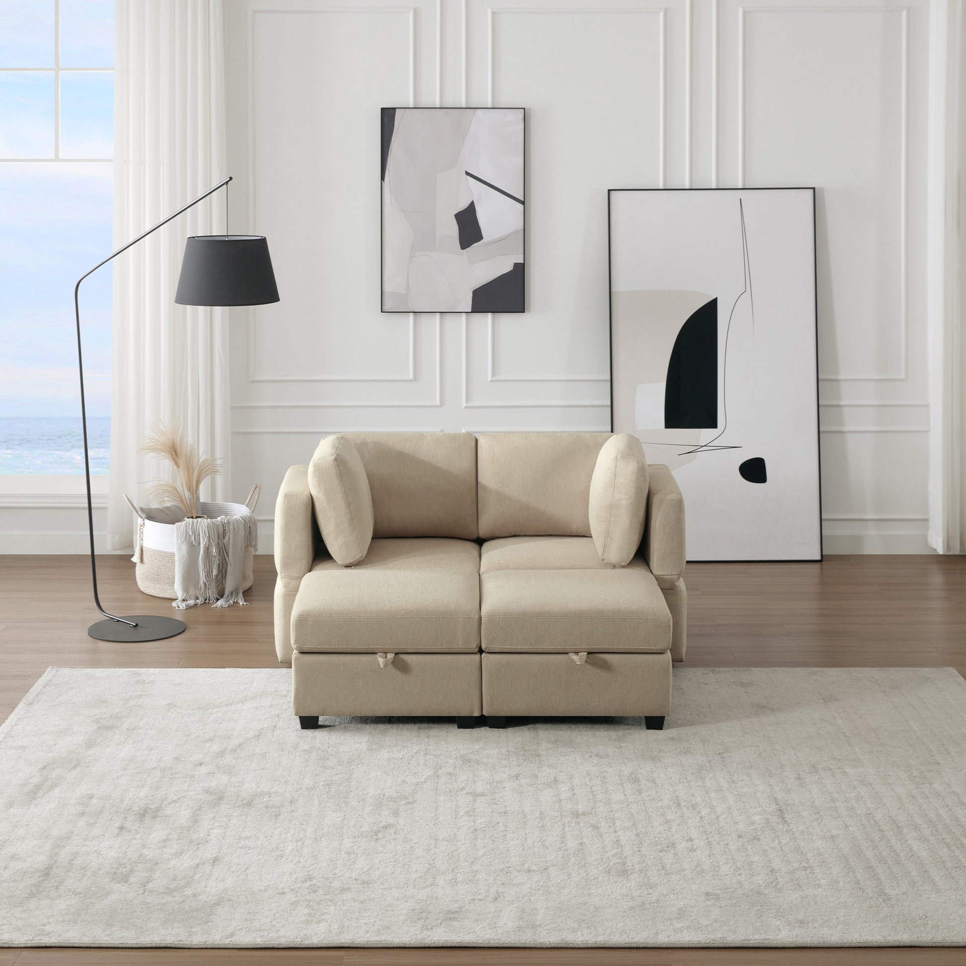 Modular Sectional 2 Seater Sofa With 2 Ottomanssleeper Sofa Bed Modular Sofa With Chaiseadjustable Arms And Backs Beige Beige Polyester 2 Seat